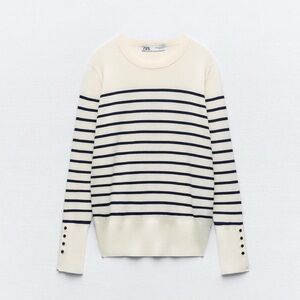 Zara Ivory and Navy Striped Crew Neck Sweater